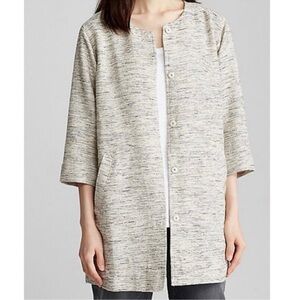 Eileen Fisher Ecru Tweed Round Neck Jacket 3/4 Length Sleeves